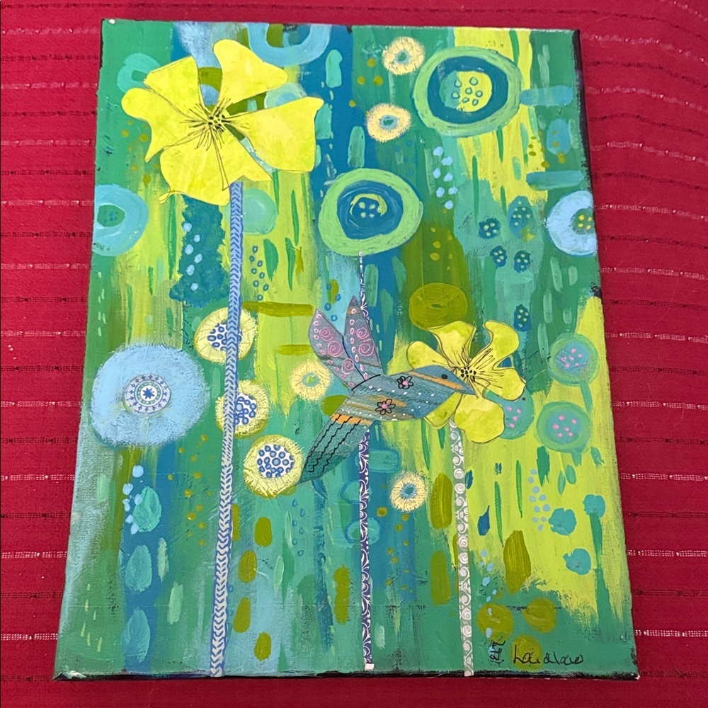 Original Canvas Art signed painting flowers, hummingbird 12x16 Beautiful
